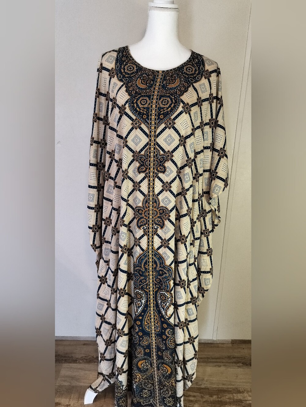 Boho Printed Maxi Dress in Cream and Navy